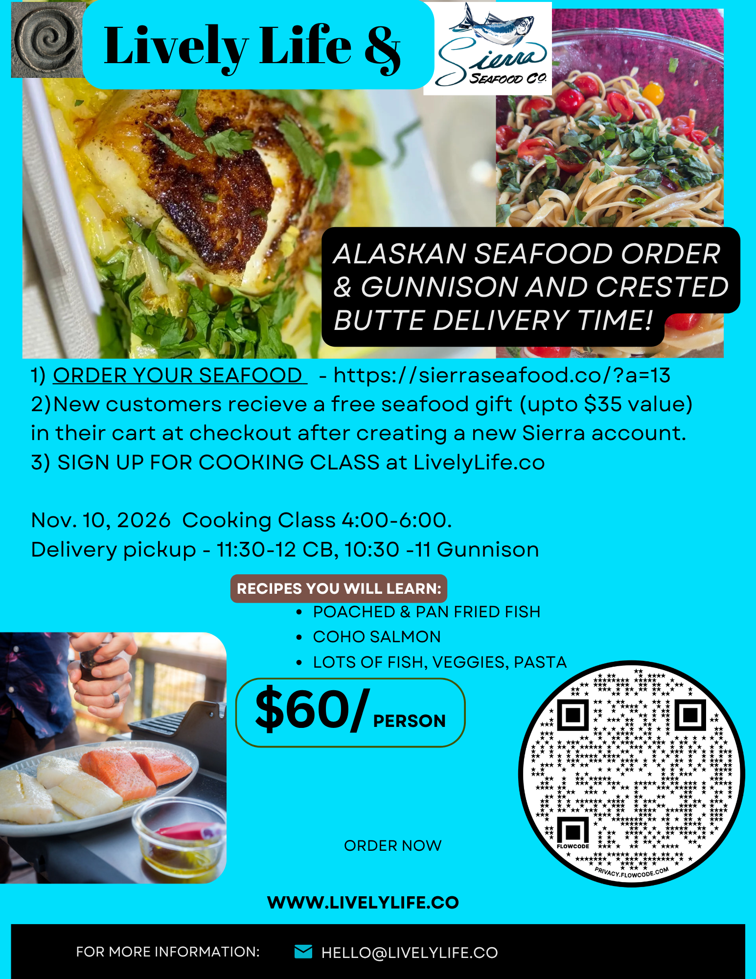 Seafood Fish Delivery & Cooking Class at Crested Butte & other Colorado Locations for Delivery