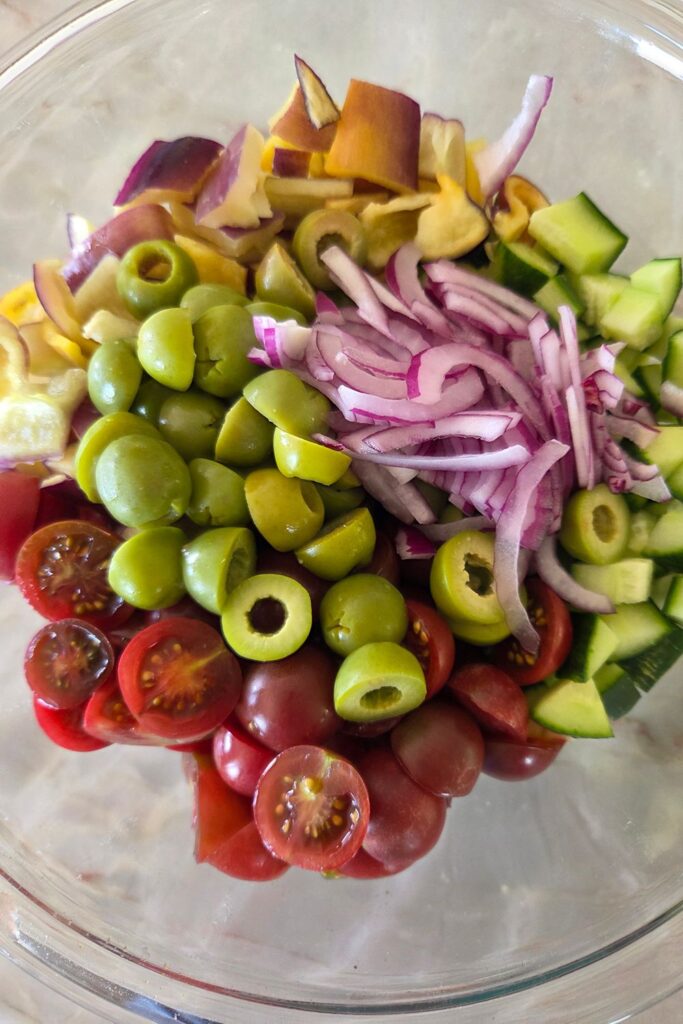 beautiful greek salad ingredients in a bowl